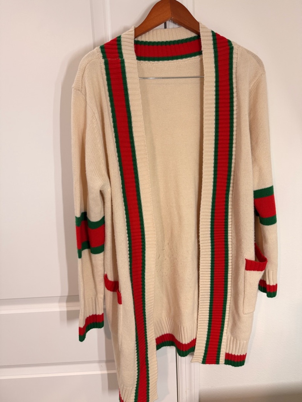 Cream Open-Front Cardigan with Red & Green Stripe